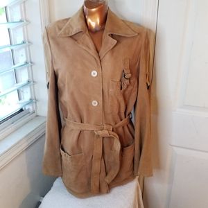 Vtg Neiman Marcus tan lamb suede belted utility blazer jacket size M